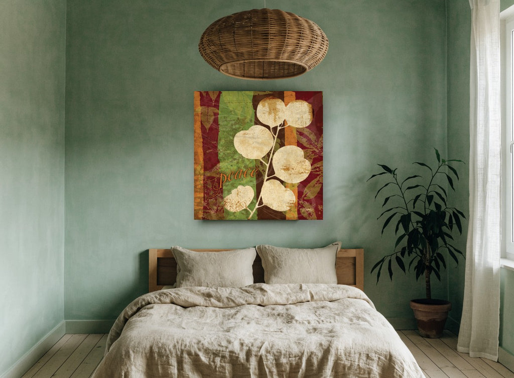 Peace Eucalyptus Stripes floral canvas print on the wall of a bedroom