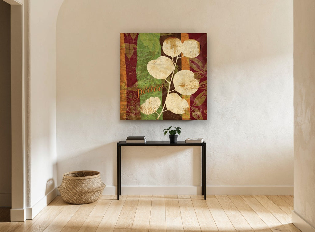 Peace Eucalyptus Stripes floral canvas print on the wall of a hallway