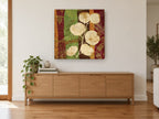 Peace Eucalyptus Stripes floral canvas print on the wall of a living room above a sideboard