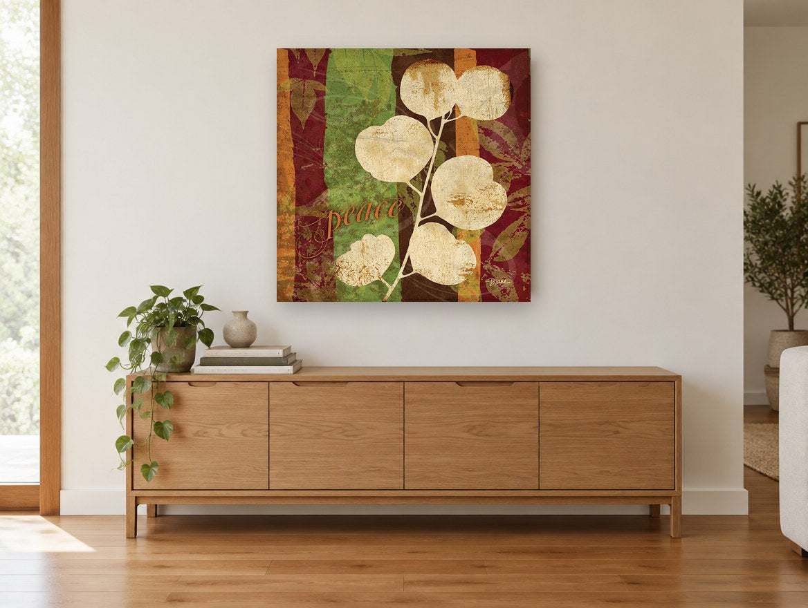 Peace Eucalyptus Stripes floral canvas print on the wall of a living room above a sideboard
