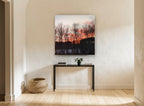 Winter Trees at Dusk floral canvas print on the wall of a hallway