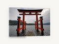 Red Torii on the Lake, red torii gate lake photograph, coastal canvas wall art print ready to hang