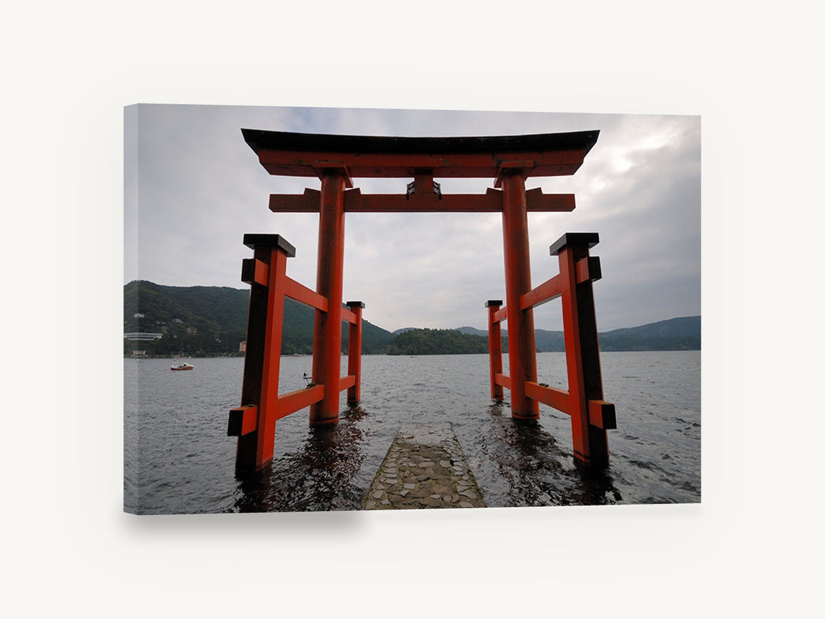 Red Torii on the Lake, red torii gate lake photograph, coastal canvas wall art print ready to hang