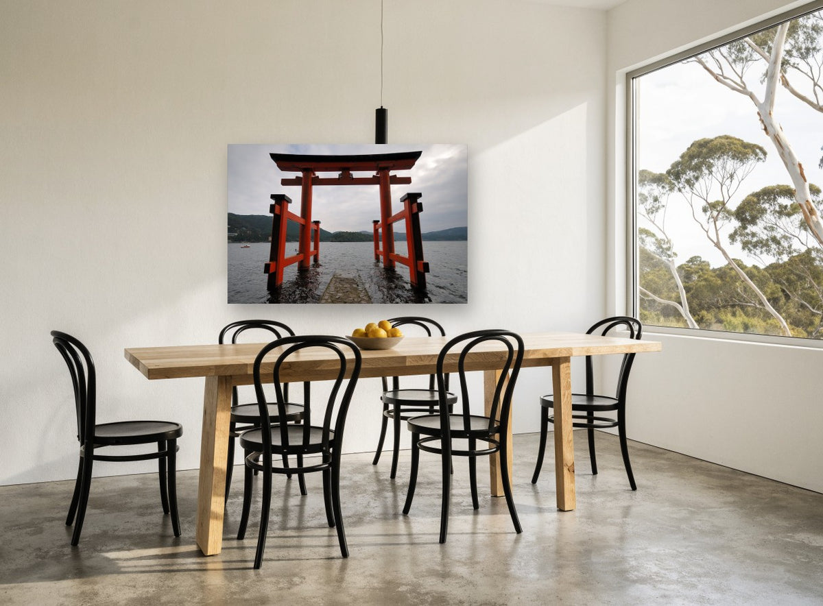 Red Torii on the Lake coastal canvas print on the wall of a dining room