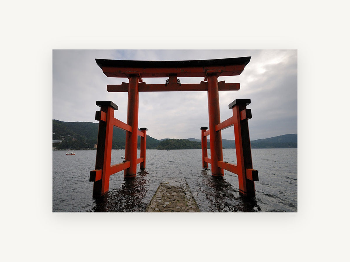 Red Torii on the Lake, coastal canvas wall art print, front view