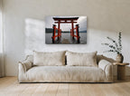 Red Torii on the Lake coastal canvas print on the wall of a living room