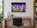 Larkspur Meadow Glow floral canvas print on the wall of a study