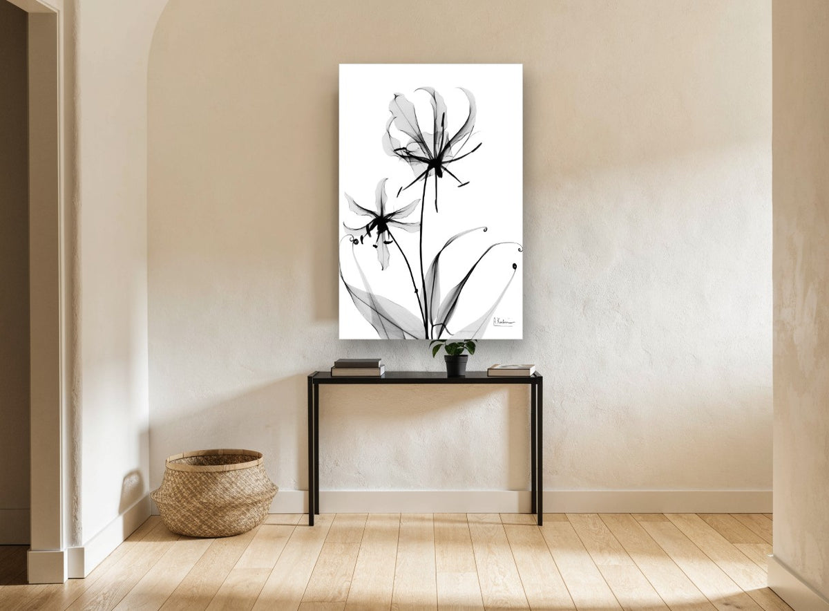 Gloriosa Lily Shadows floral canvas print on the wall of a hallway