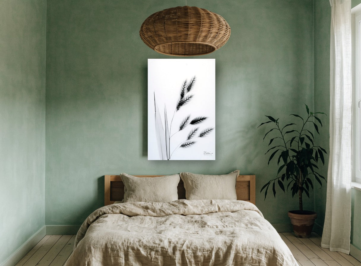 Drifting Oat Heads floral canvas print on the wall of a bedroom