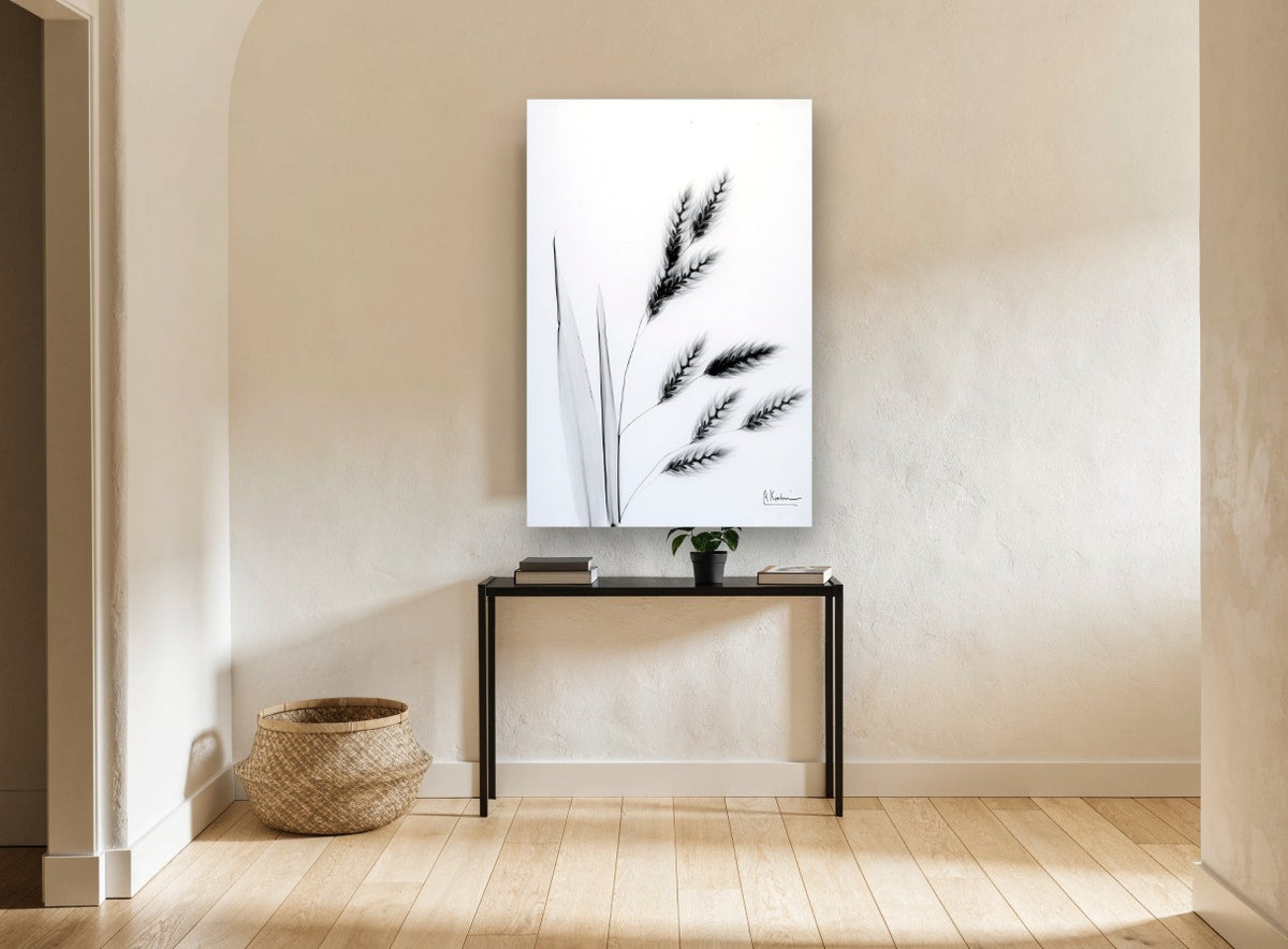 Drifting Oat Heads floral canvas print on the wall of a hallway