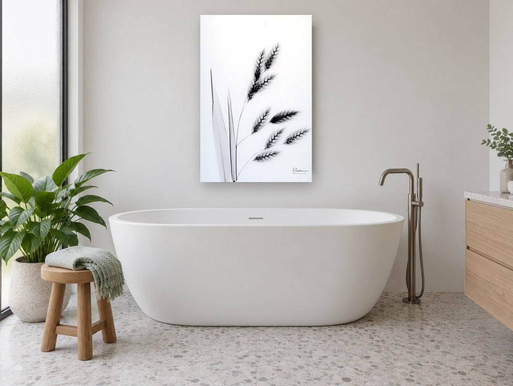 Drifting Oat Heads floral canvas print on the wall of a bathroom