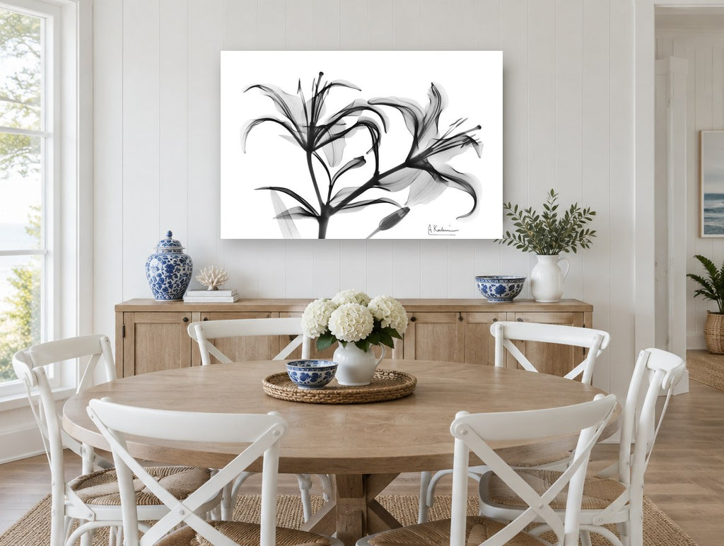 Lily Spray in Grey floral canvas print on the wall of a Hamptons dining room