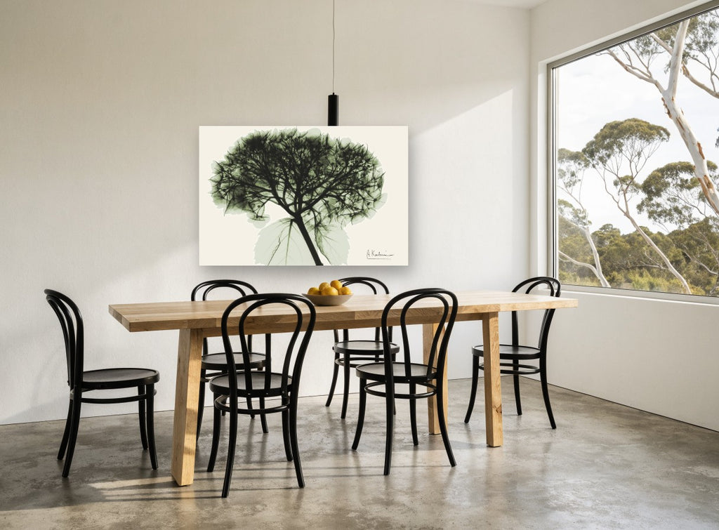 Green Hydrangea X-Ray floral canvas print on the wall of a dining room