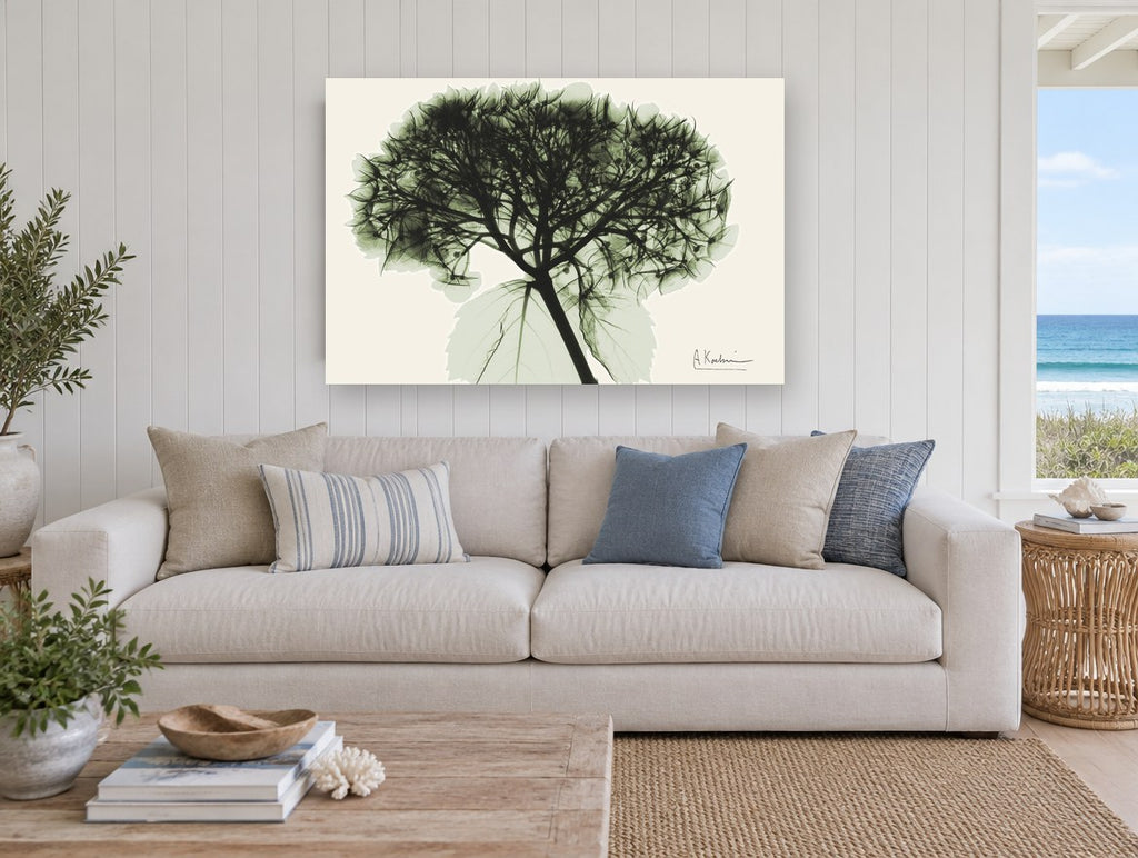 Green Hydrangea X-Ray floral canvas print on the wall of a beach house living room