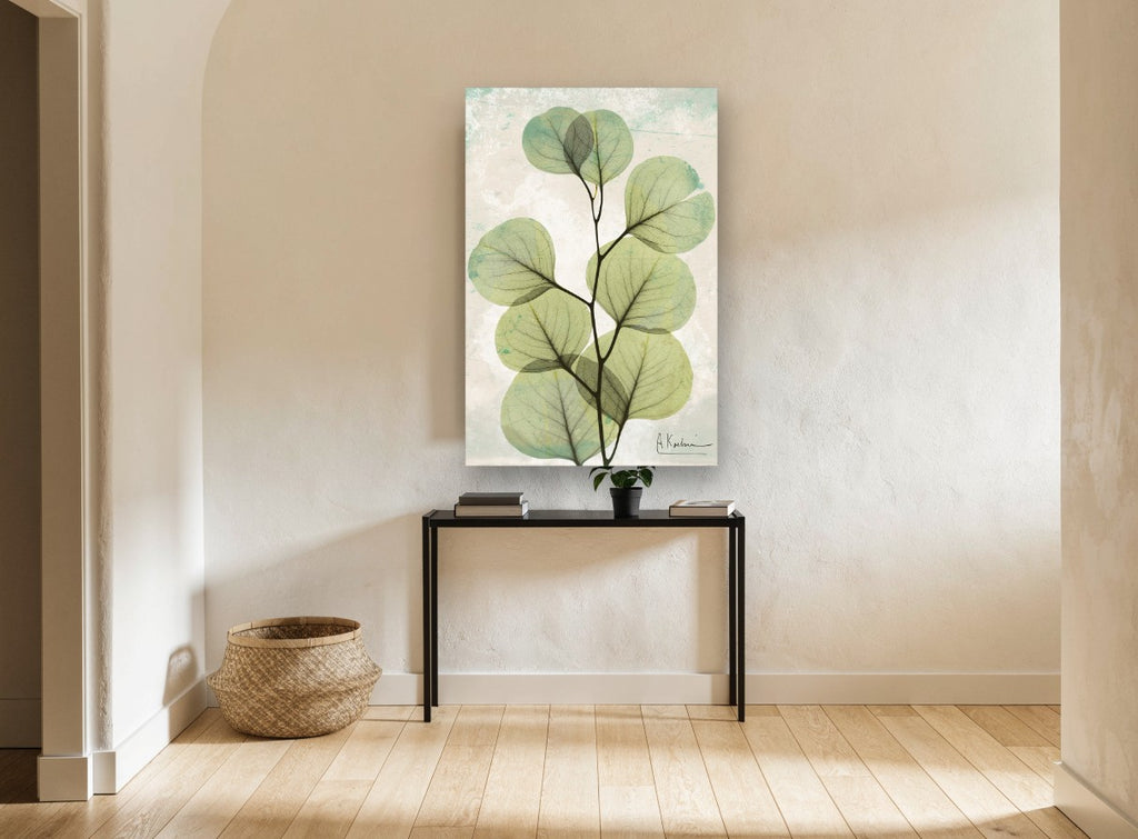 Sage Eucalyptus Veil floral canvas print on the wall of a hallway