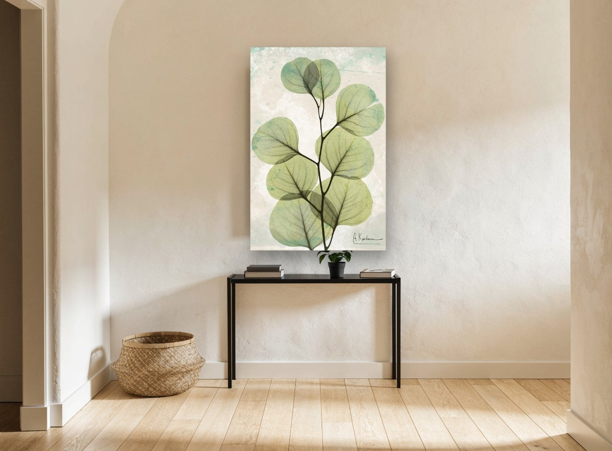 Sage Eucalyptus Veil floral canvas print on the wall of a hallway
