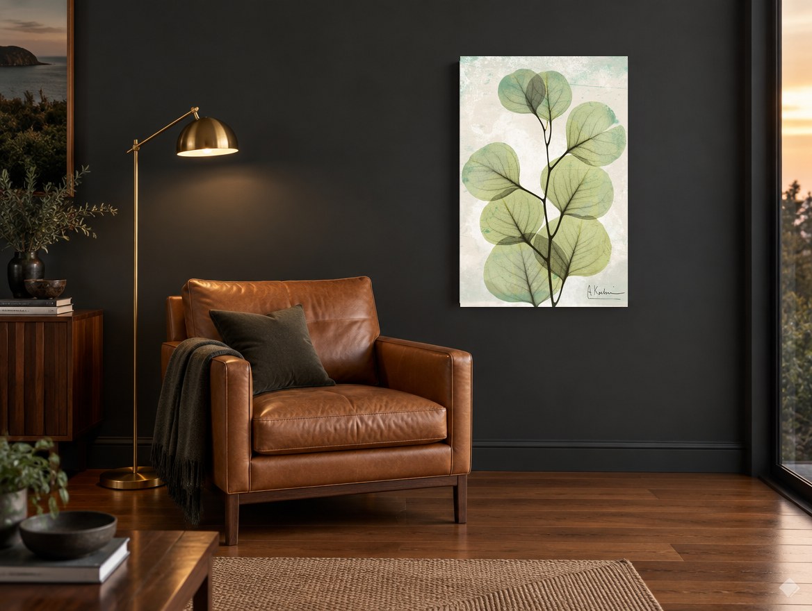 Sage Eucalyptus Veil floral canvas print on the wall of a charcoal living room