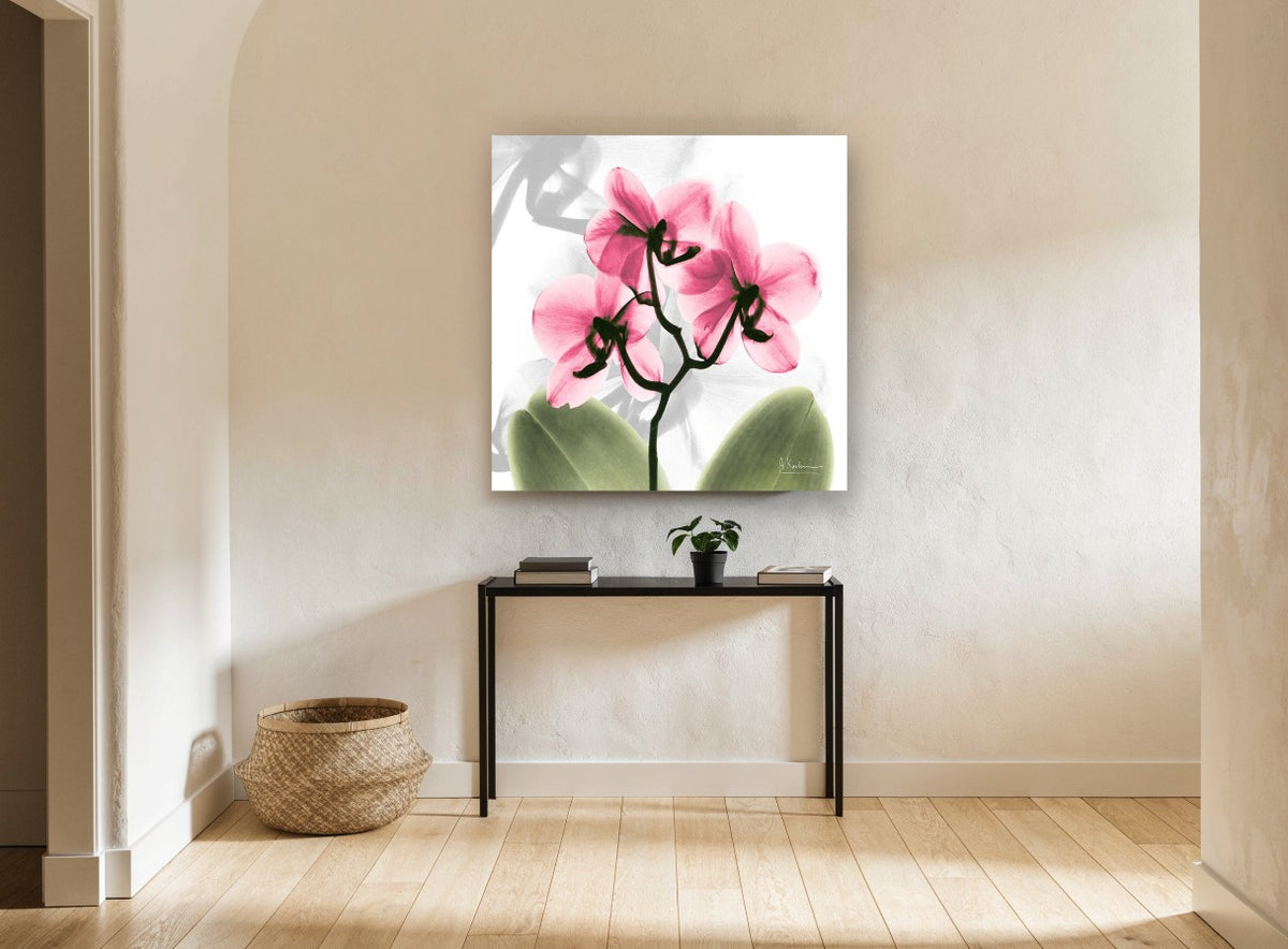 Pink Orchid Glow floral canvas print on the wall of a hallway