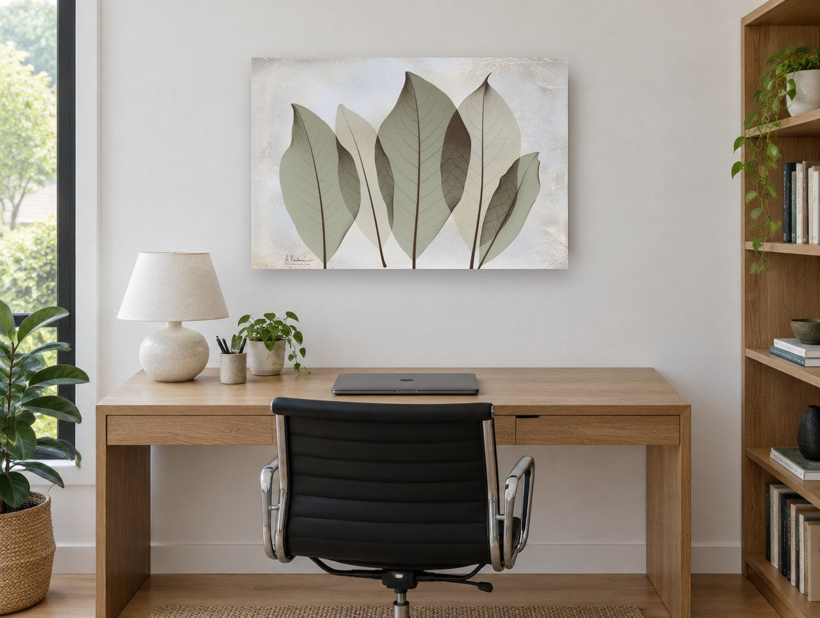 Translucent Sage Leaves floral canvas print on the wall of a study