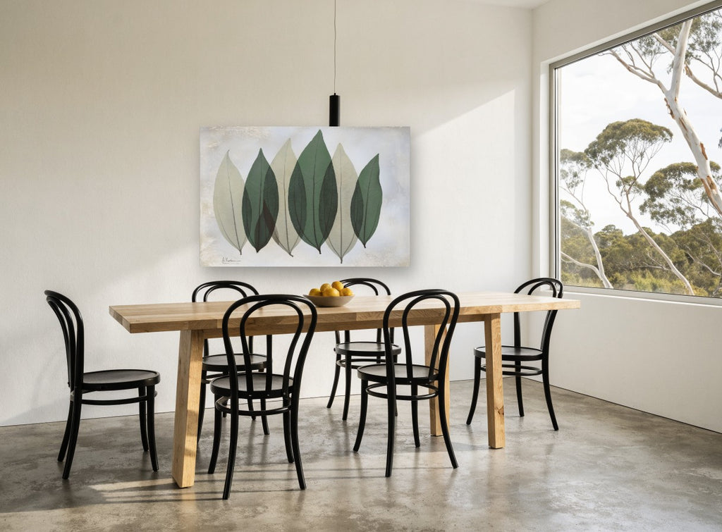 Six Sage Leaves floral canvas print on the wall of a dining room