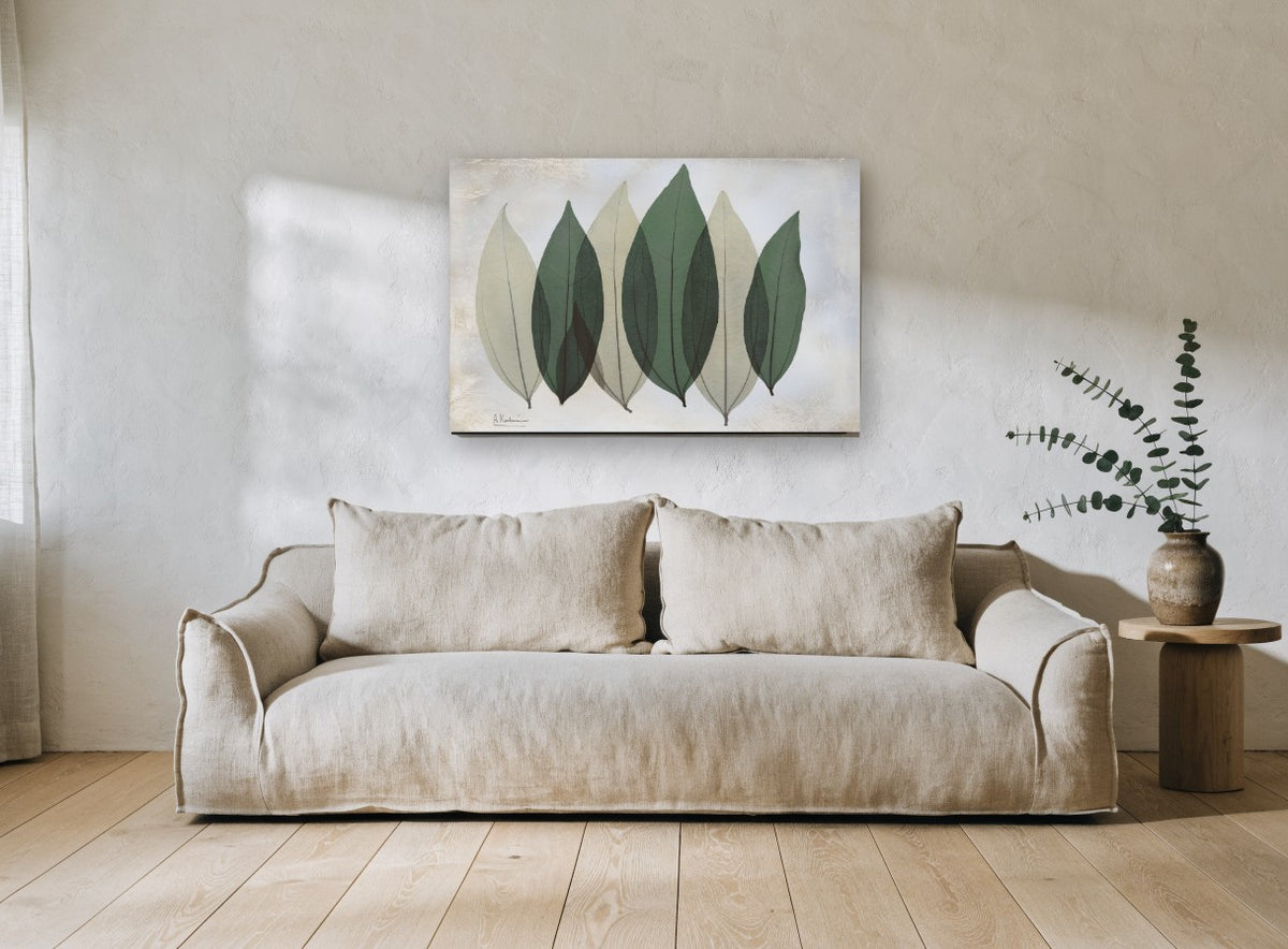 Six Sage Leaves floral canvas print on the wall of a living room