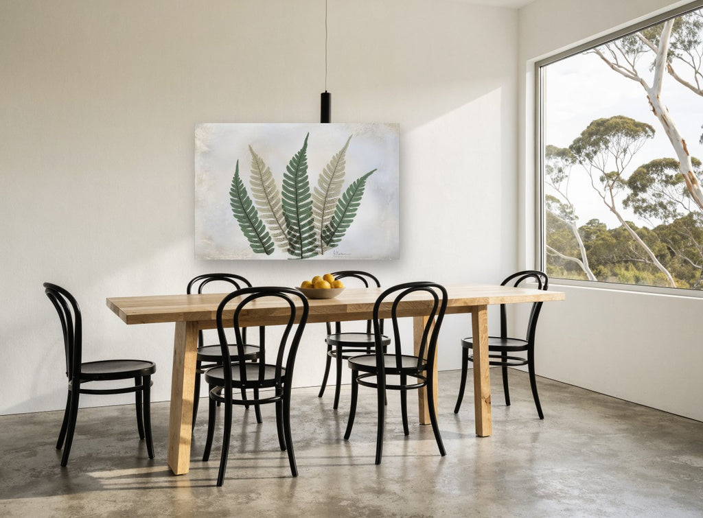 Five Fern Fronds floral canvas print on the wall of a dining room