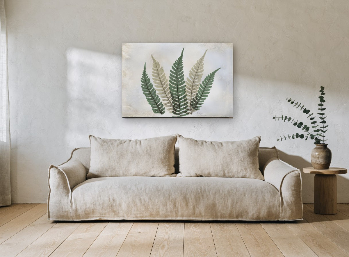 Five Fern Fronds floral canvas print on the wall of a living room