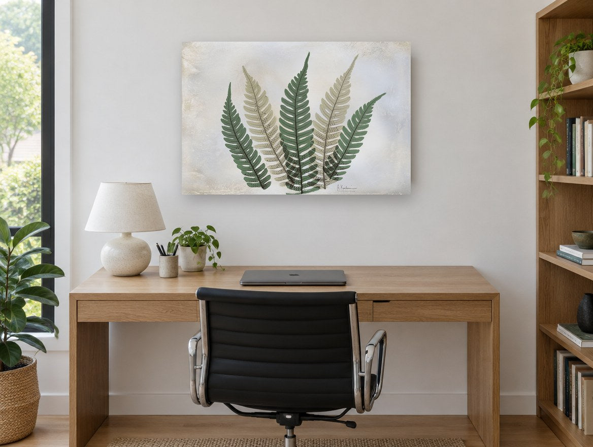 Five Fern Fronds floral canvas print on the wall of a study