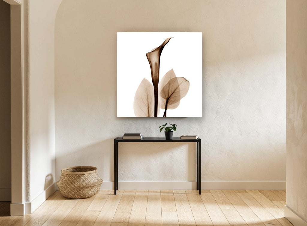 Sepia Calla Veil floral canvas print on the wall of a hallway
