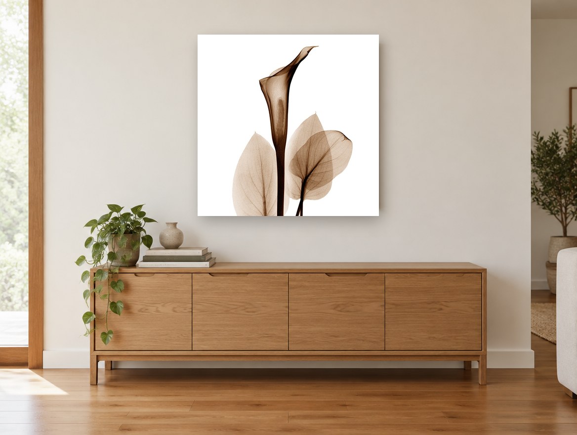 Sepia Calla Veil floral canvas print on the wall of a living room above a sideboard