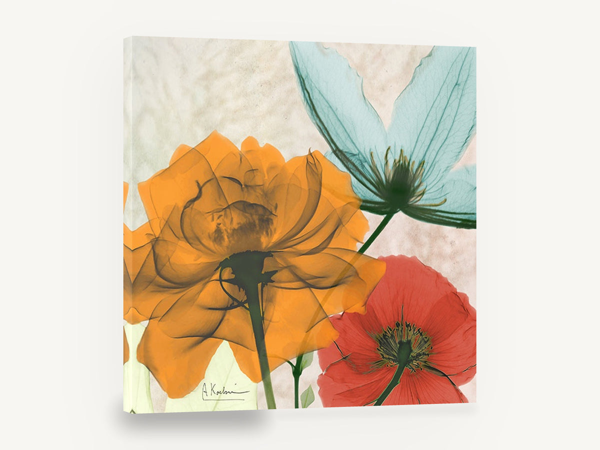 Translucent Orange Bloom Trio, orange red aqua flowers x-ray style, floral canvas wall art print ready to hang
