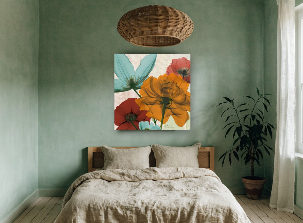 Translucent Bloom Quartet floral canvas print on the wall of a bedroom