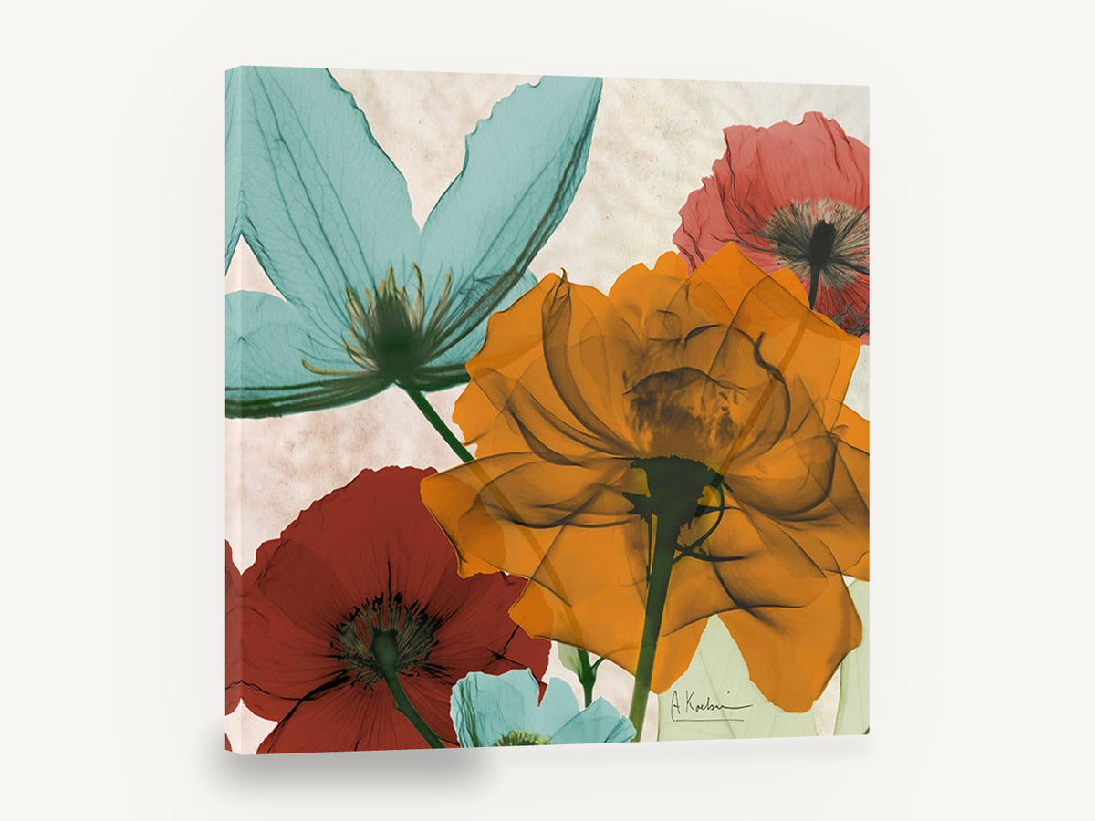 Translucent Bloom Quartet, orange aqua red x-ray style flowers, floral canvas wall art print ready to hang