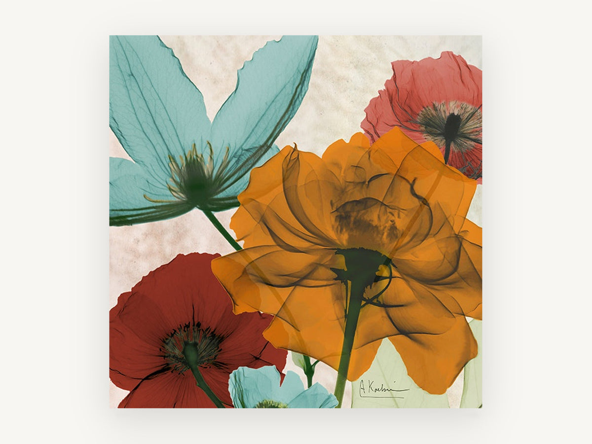 Translucent Bloom Quartet, floral canvas wall art print, front view
