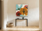 Translucent Bloom Quartet floral canvas print on the wall of a hallway