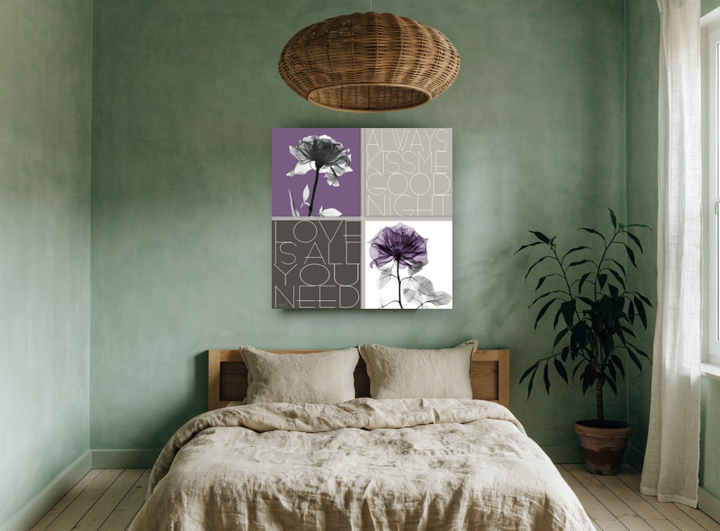 Purple Rose Love Quartet floral canvas print on the wall of a bedroom