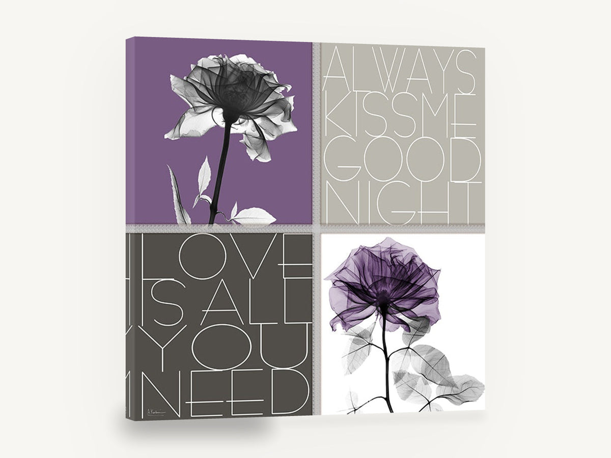 Purple Rose Love Quartet, purple rose love typography panels, floral canvas wall art print ready to hang