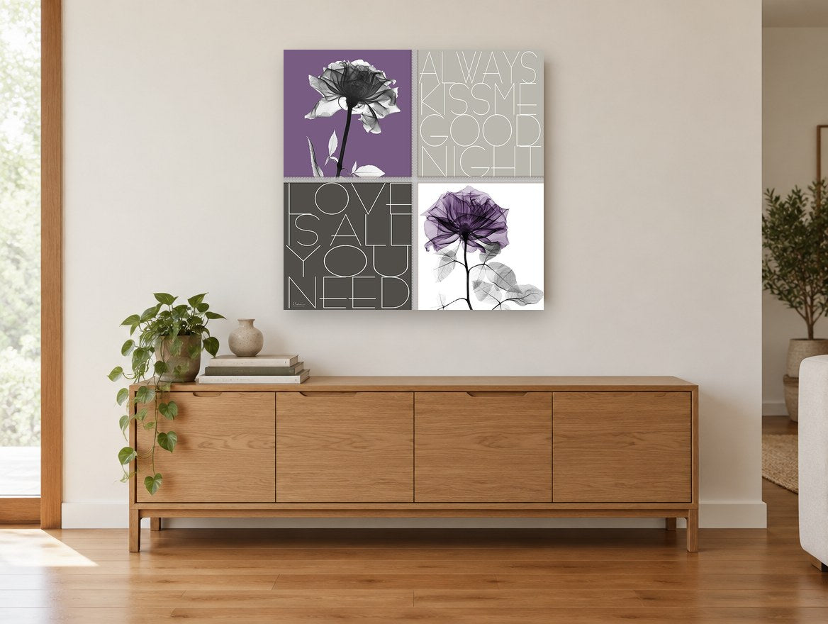 Purple Rose Love Quartet floral canvas print on the wall of a living room above a sideboard