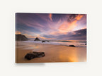 Violet Dusk Shoreline, sunset beach rocks seascape photograph, coastal canvas wall art print ready to hang