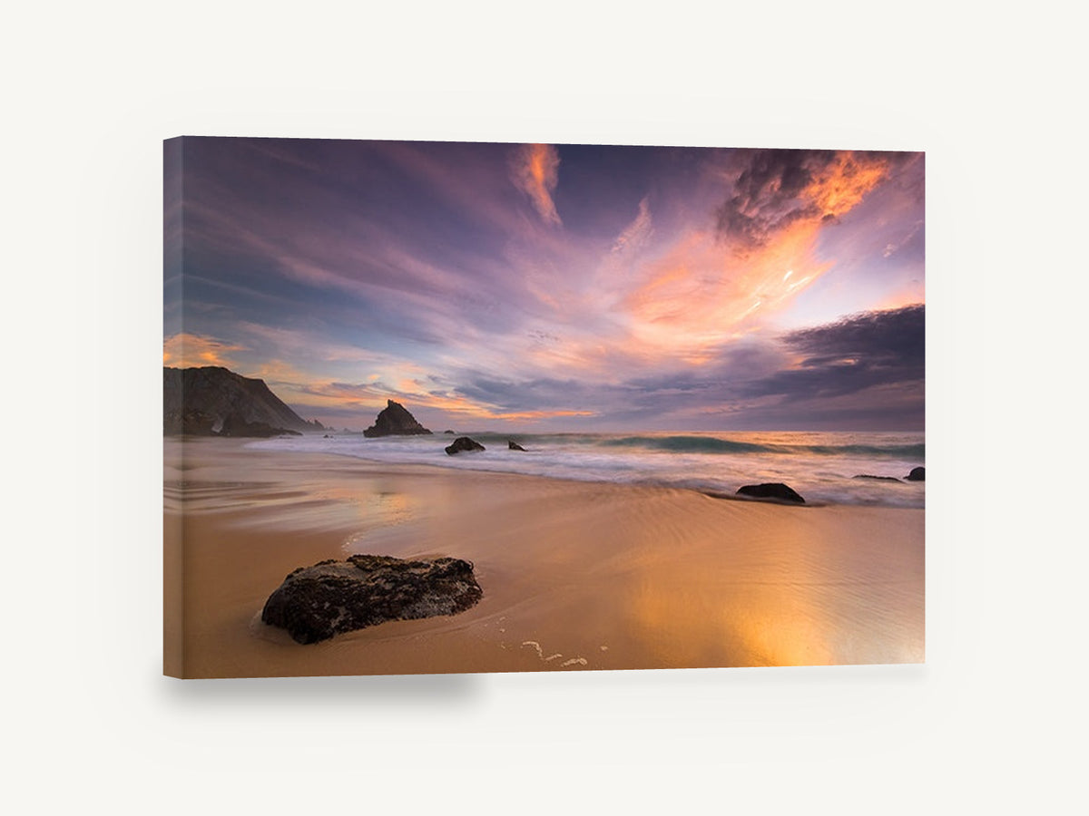 Violet Dusk Shoreline, sunset beach rocks seascape photograph, coastal canvas wall art print ready to hang