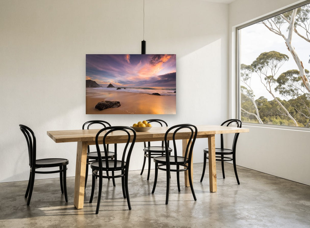 Violet Dusk Shoreline coastal canvas print on the wall of a dining room