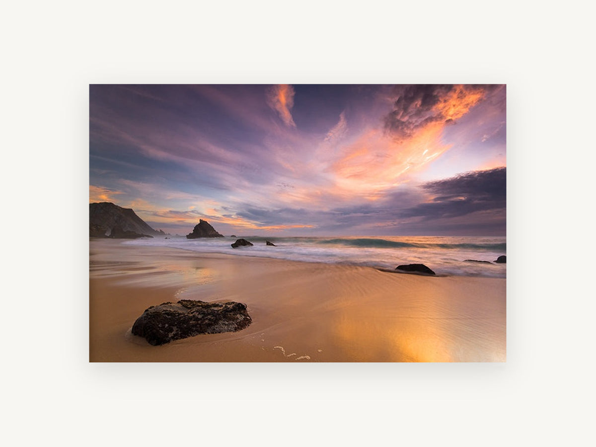Violet Dusk Shoreline, coastal canvas wall art print, front view