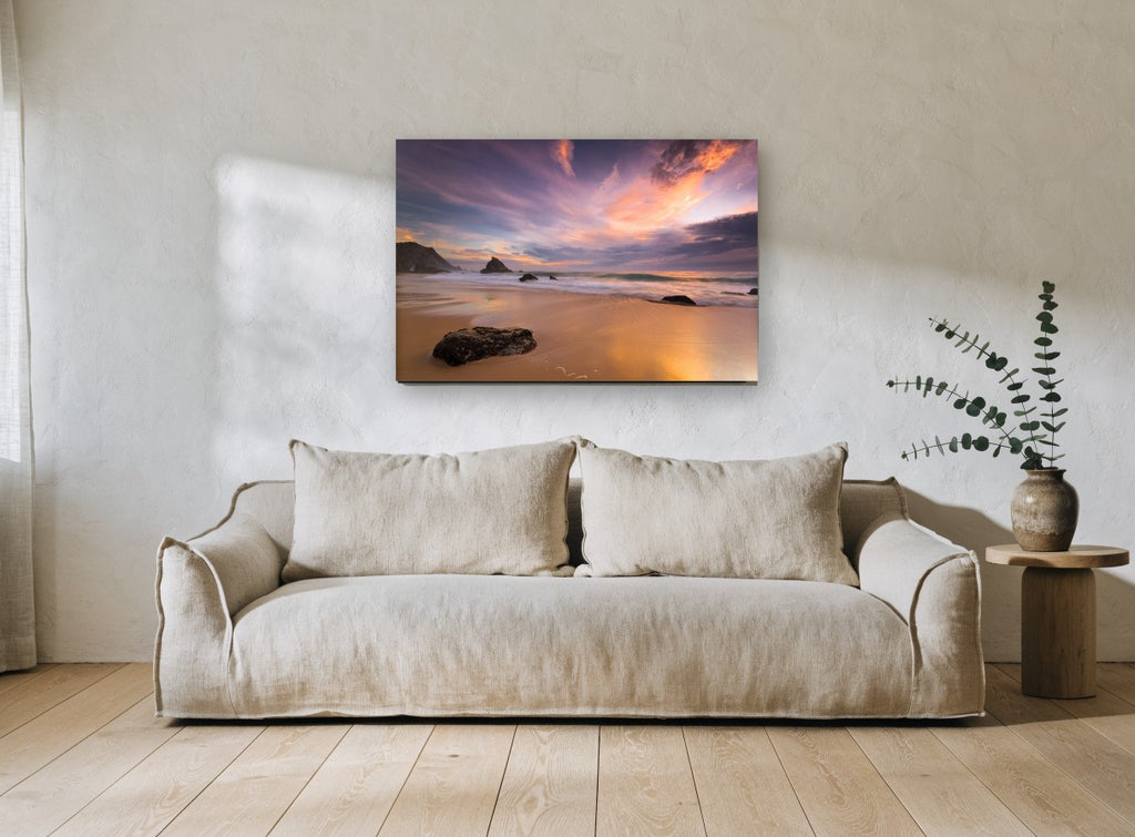 Violet Dusk Shoreline coastal canvas print on the wall of a living room