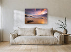 Violet Dusk Shoreline coastal canvas print on the wall of a living room