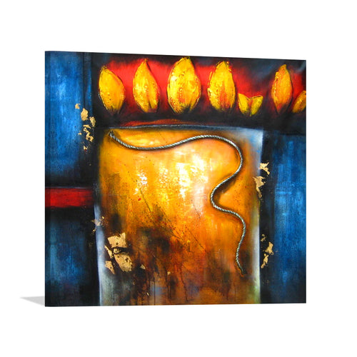 Amber Tulip Abstract, golden tulip abstract panel, stretched on a gallery-wrap canvas ready to hang