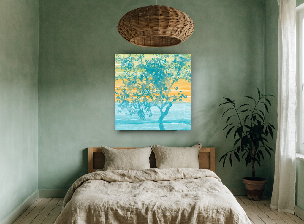 Teal Tree at Dusk floral canvas print on the wall of a bedroom