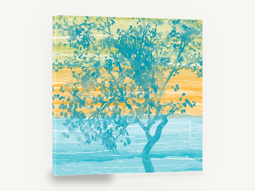 Teal Tree at Dusk, teal tree silhouette abstract botanical, floral canvas wall art print ready to hang