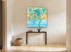 Teal Tree at Dusk floral canvas print on the wall of a hallway