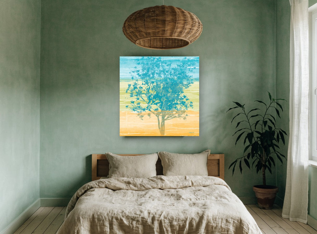 Teal Tree Horizon floral canvas print on the wall of a bedroom