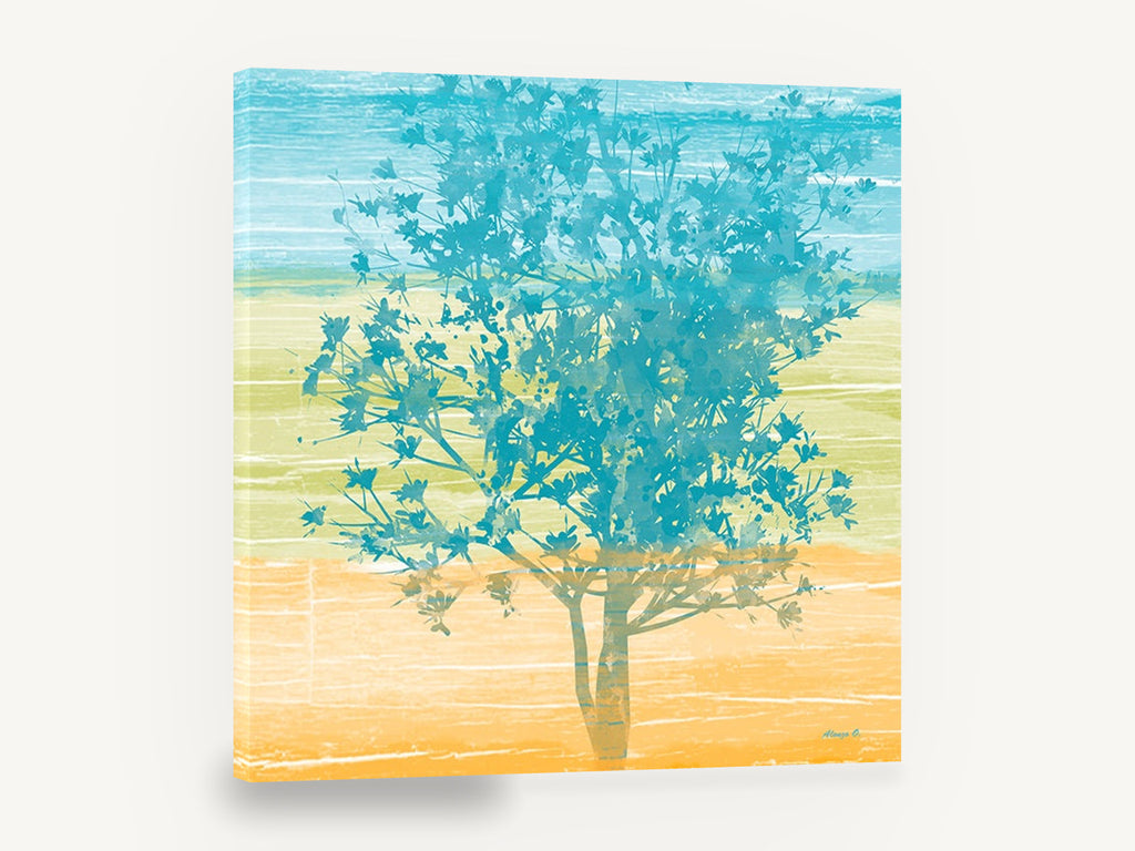 Teal Tree Horizon, teal blossom tree abstract, floral canvas wall art print ready to hang